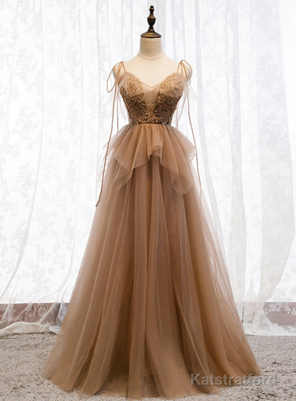 Dark Champagne Tulle Spagehtti Straps Beading Prom Dress