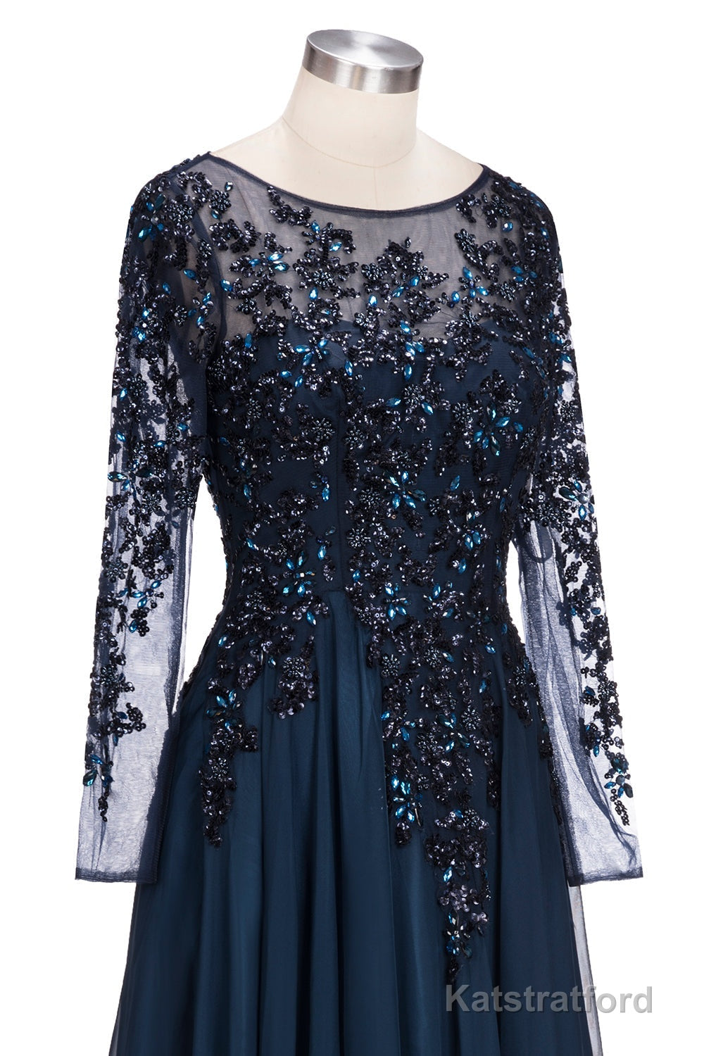 Dark Navy Long A-line Jewel Tulle Formal Evening Dresses with Sleeves