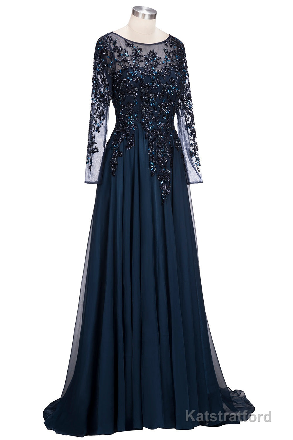 Dark Navy Long A-line Jewel Tulle Formal Evening Dresses with Sleeves