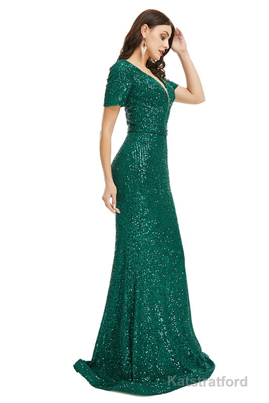 Deep V Neck sleeveless Sparkly Sequin Fishtail Prom Dresses