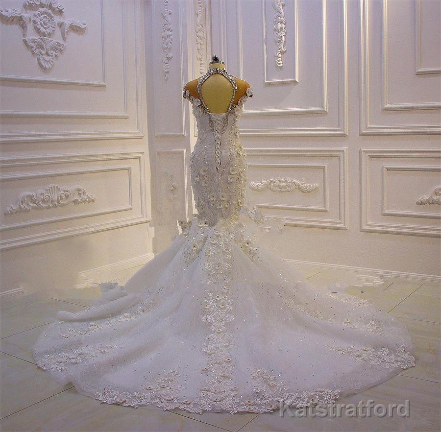 Delicate Sleeveless Beading Sheer Tulle Appliques Mermaid Sparkling Wedding Dresses