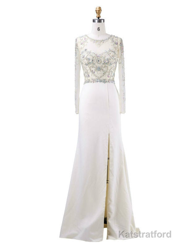 Elegance Mother of the Bride Dresses Elegant With Crystal Beading Scoop-Neck Long Sleeves