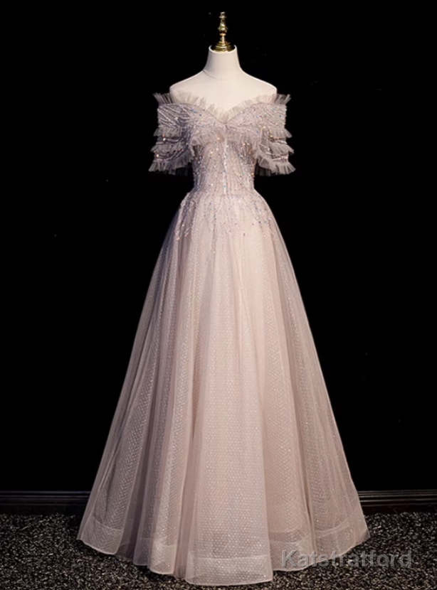 Elegance Pink Tulle Sequins Off the Shoulder Beading Prom Dress