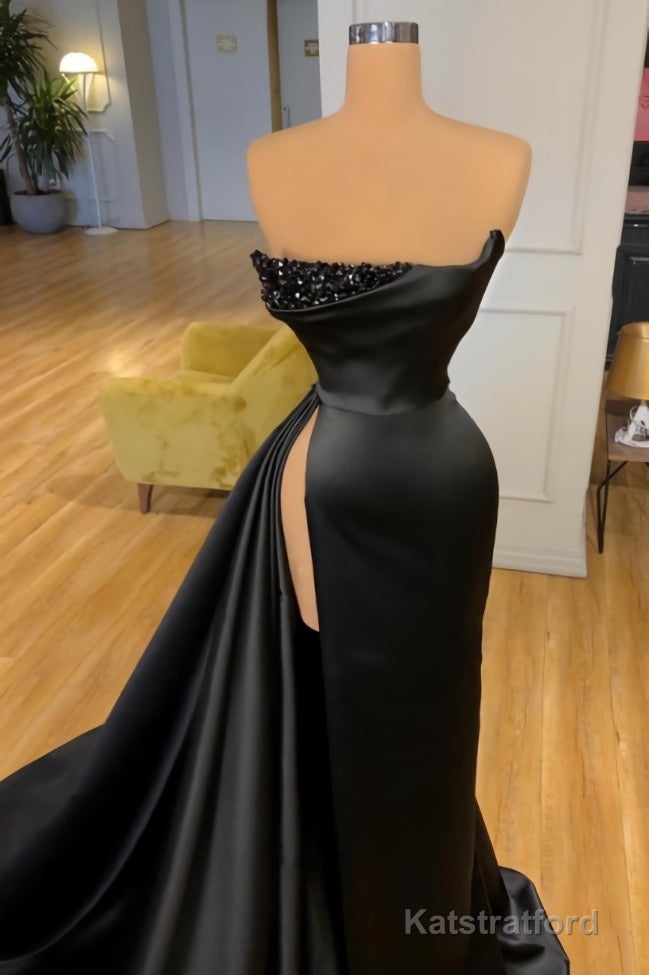 Elegant A-line Graduation Dresses Long Black Prom Dresses With Split Online