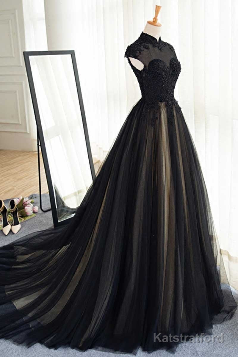 Elegant High Neck Swee Train Rhinestone Prom Dress, Black Formal Dress