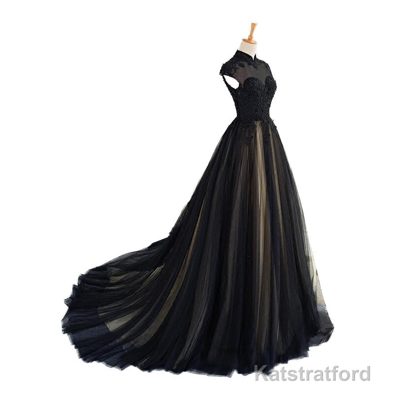 Elegant High Neck Swee Train Rhinestone Prom Dress, Black Formal Dress