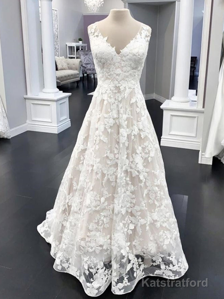 Elegant Long A Line V Neck Floral Lace Wedding Dresses