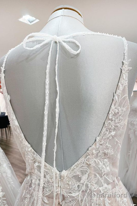 Elegant Long A-line V Neck Sleeveless Ruffles Backless Wedding Dress