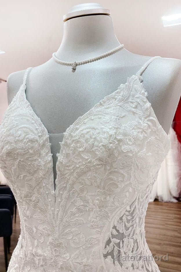 Elegant Long Mermaid Spaghetti Straps Lace Satin Open Back Wedding Dress