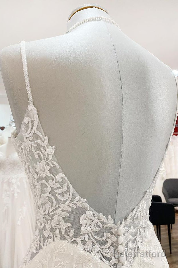 Elegant Long Mermaid Spaghetti Straps Lace Satin Open Back Wedding Dress