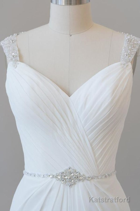 Elegant Ruffle Beading Chiffon Sheath Wedding Dress