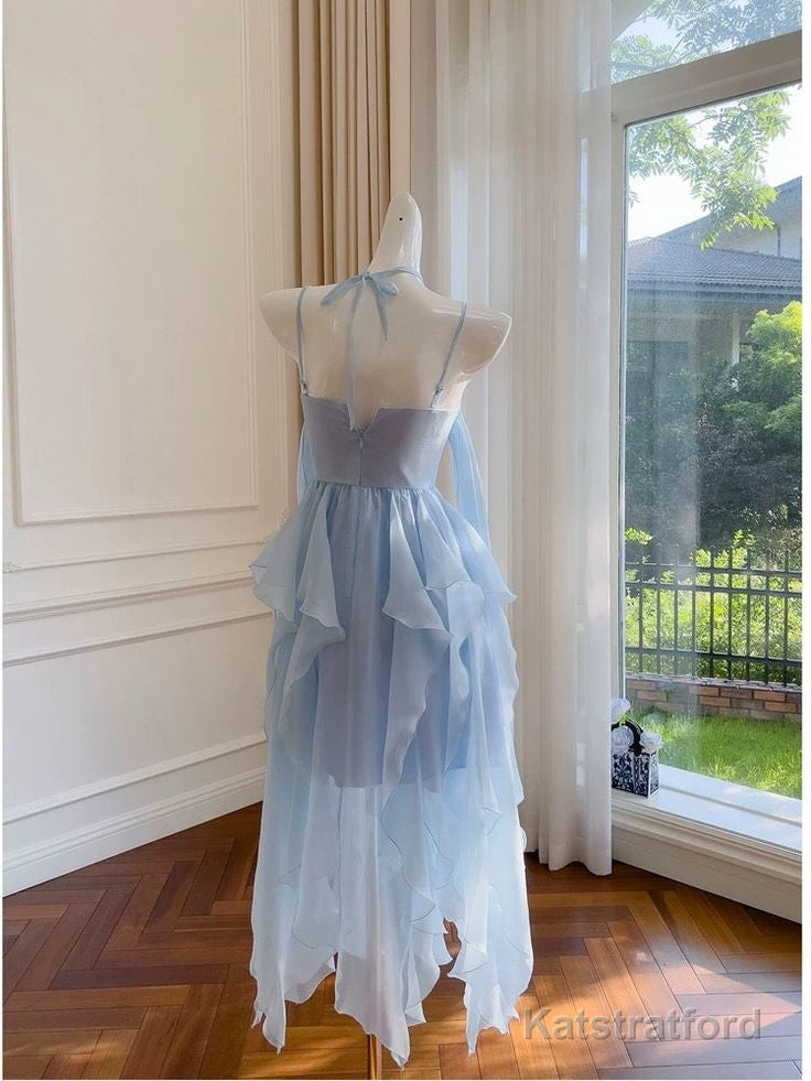 Elegant Spaghetti Straps Blue Chiffon Homecoming Dress Birthday Dress