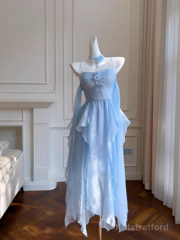 Elegant Spaghetti Straps Blue Chiffon Homecoming Dress Birthday Dress