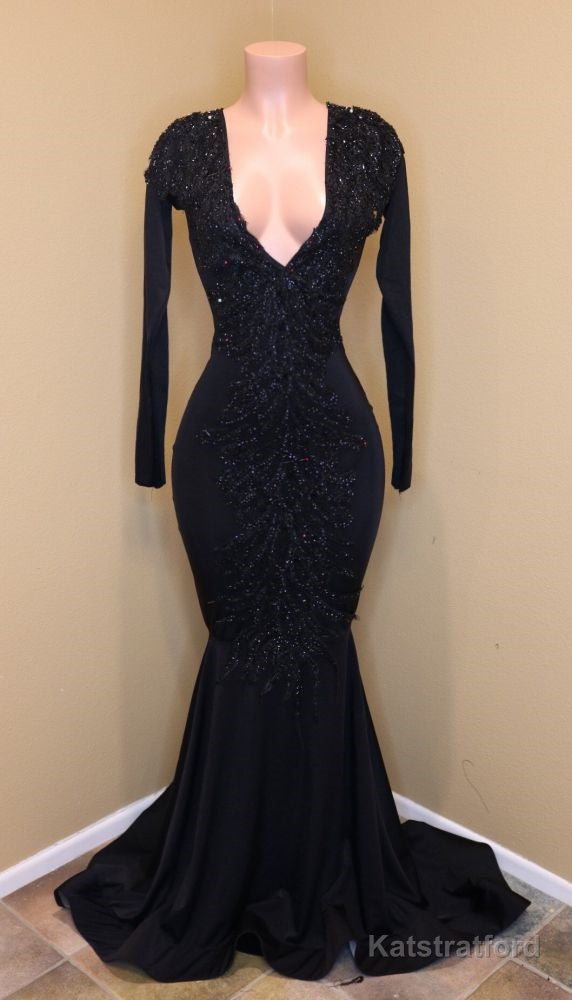 Elegant V-Neck Long Sleevess Appliques Sequins Mermaid Zipper Prom Dresses