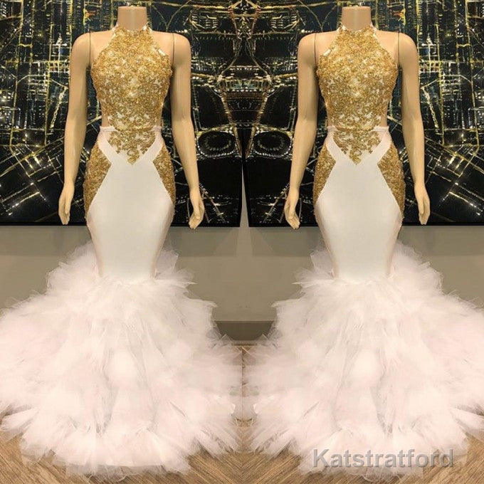 Elegant White And Gold Mermaid Prom Dress Sequins High Collar Chiffon Long