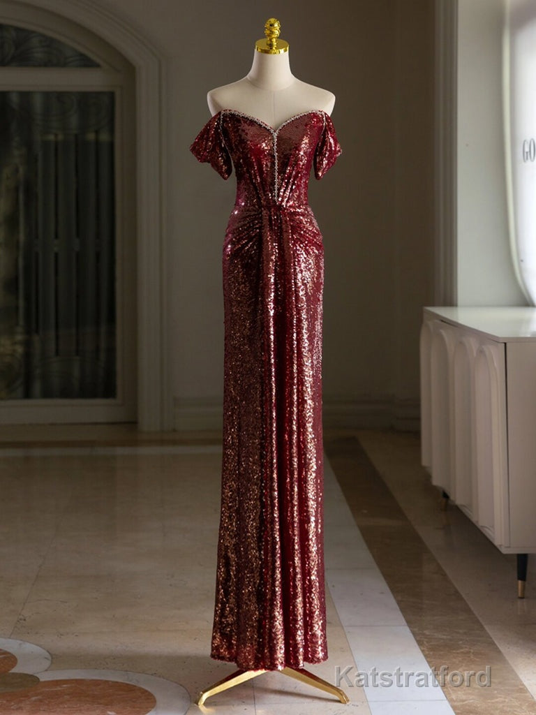Simple Off Shoulder Sequin Burgundy Long Prom Dress, Burgundy Long Evening Dress