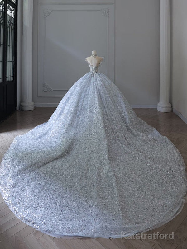Fairytale Ball Gown Strapless Neckline Sequin Light Sky Blue Long Wedding Dresses Brides Dress