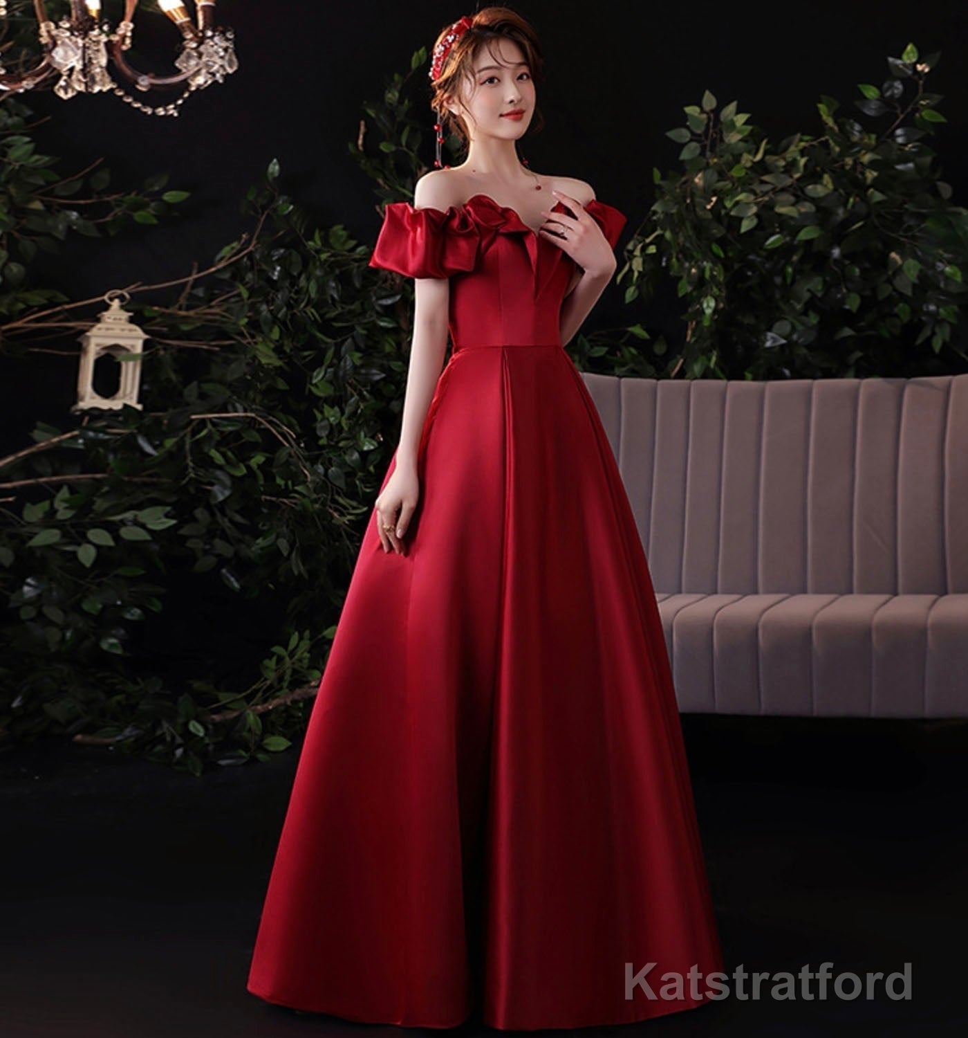 Burgundy satin long prom dress evening dress