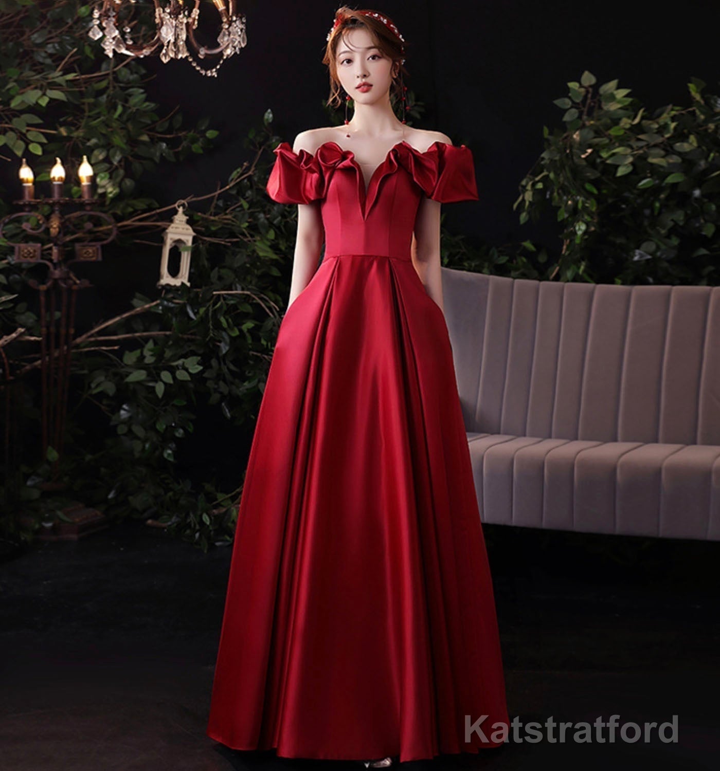 Burgundy satin long prom dress evening dress