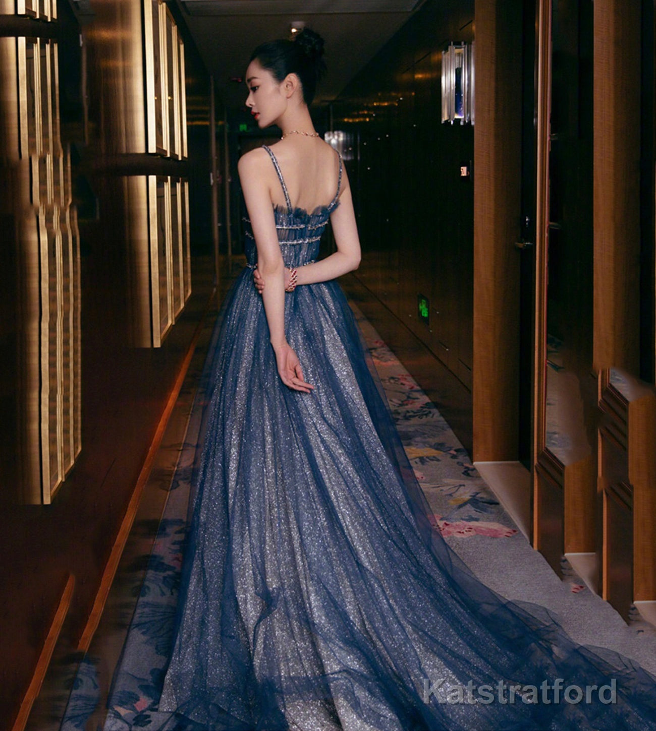 Blue tulle long prom dress shiny evening dress