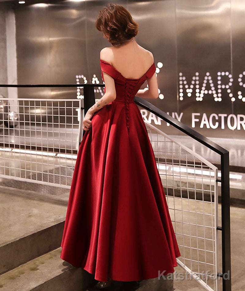 Burgundy satin A line prom dress party dress