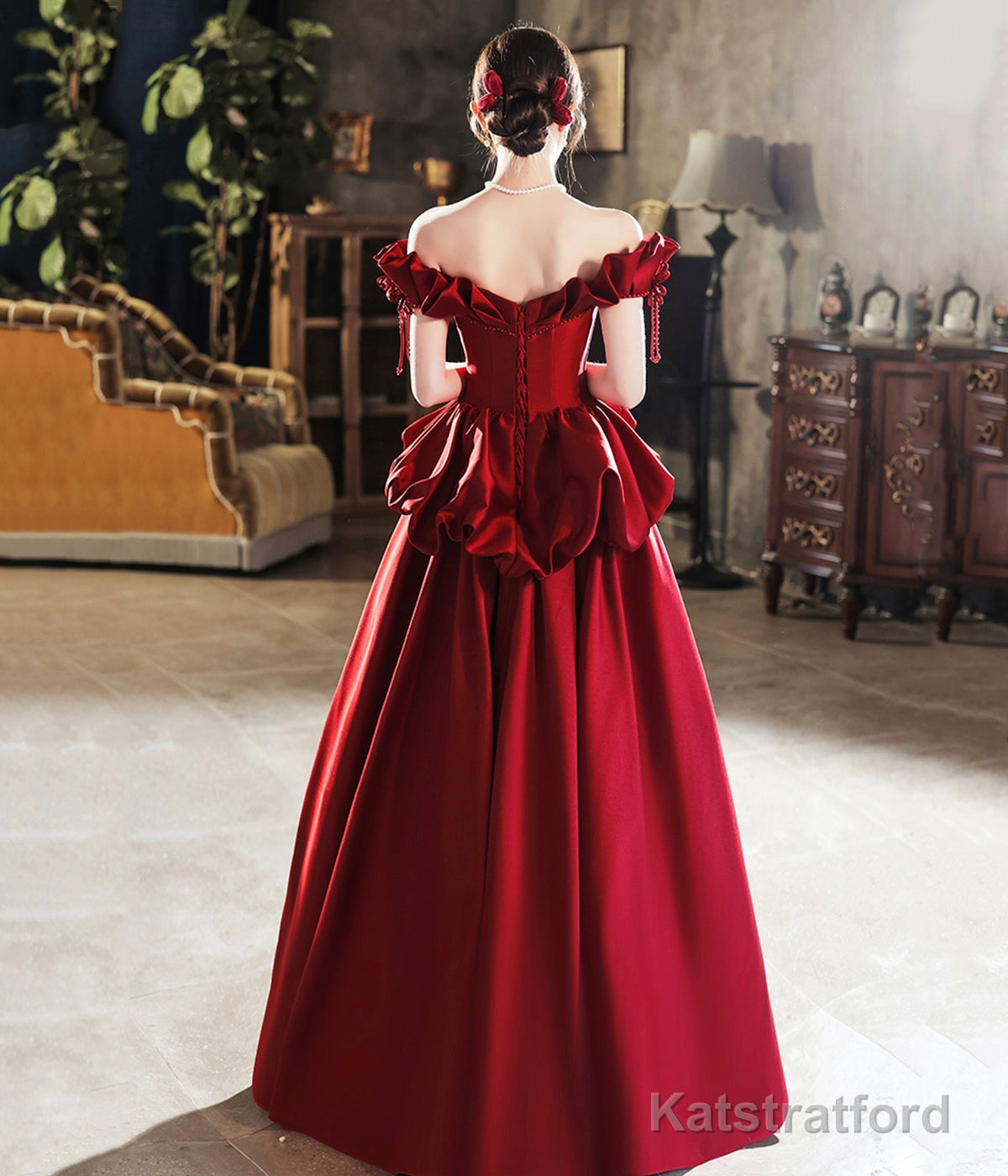 Burgundy Satin Long Prom Dress, Cute A-Line Off Shoulder Evening Dress