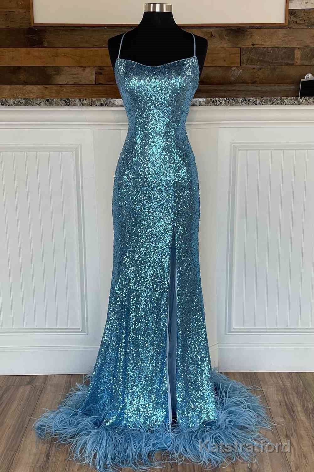 Long Sequined Blue Straps Prom Dress with Feather Hem
