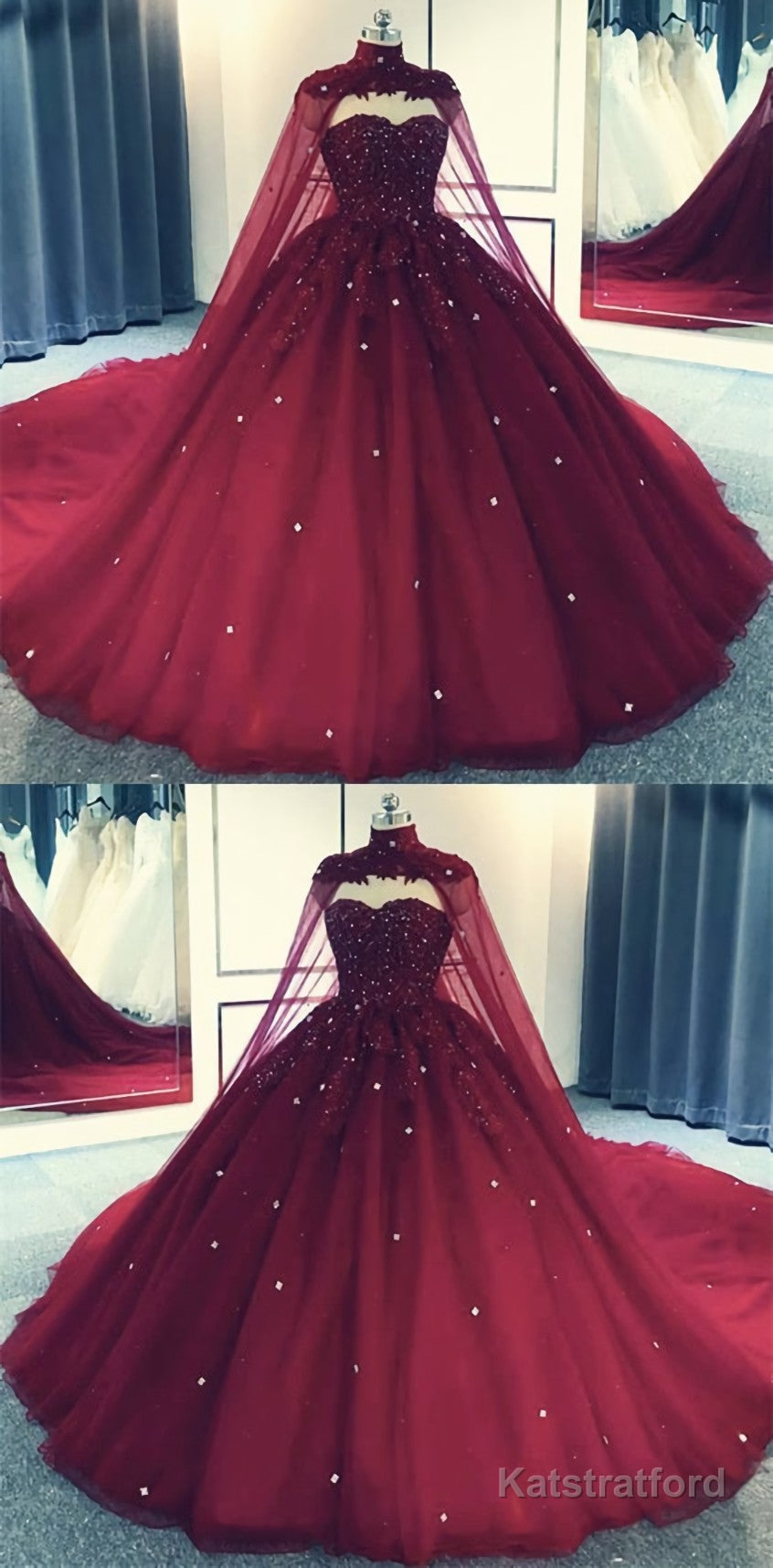 Glam Ball Gown Quinceanera Dress Lace Applique Beaded Cape, Wine Red Formal Dress Party Gowns