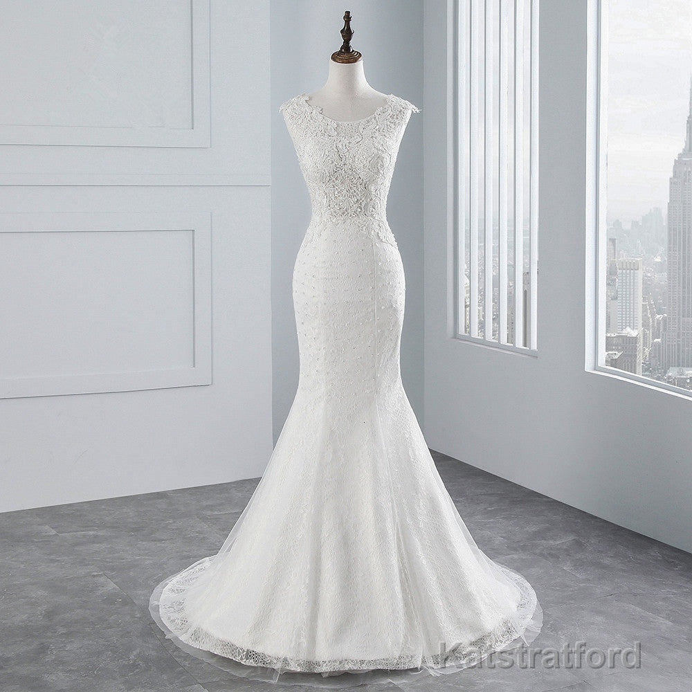 Glamorous Long Mermaid Tulle Appliques Lace Wedding Dress