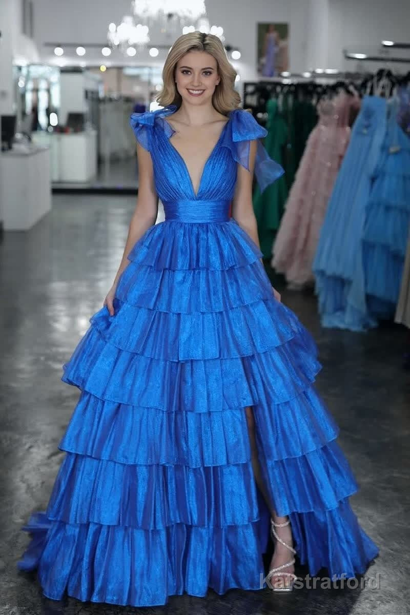 Glitter Tie Straps Pink Plunging Neck Tiered Long Prom Dress