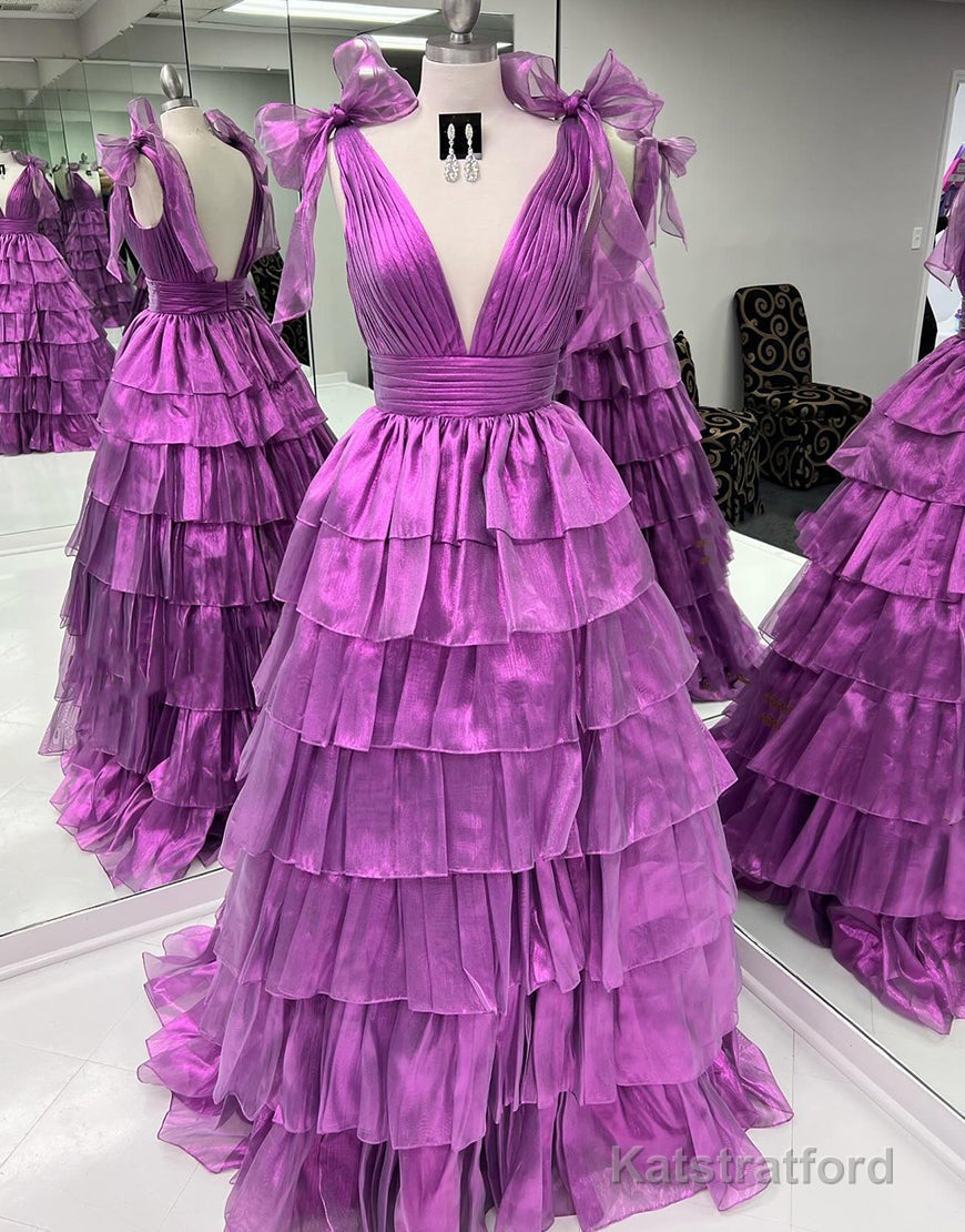 Glitter Tie Straps Pink Plunging Neck Tiered Long Prom Dress