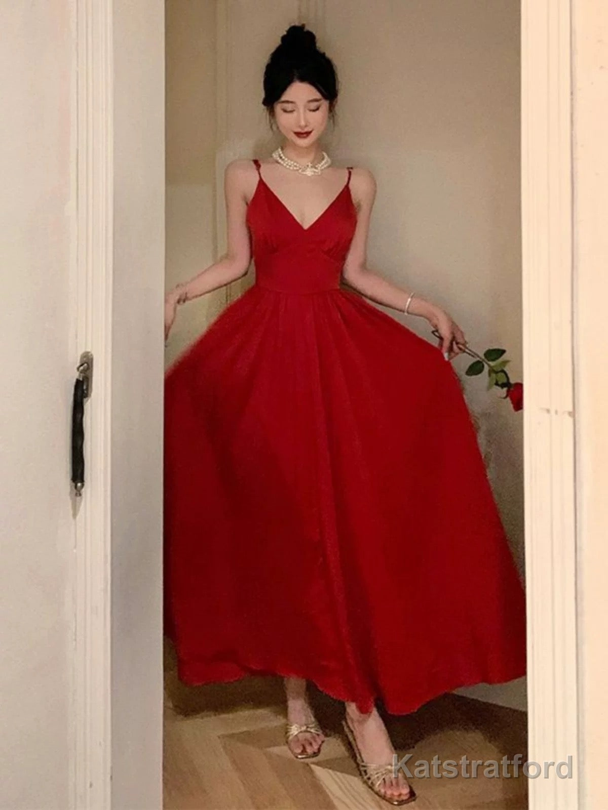 Gorgeous A Line Spaghetti Straps Red Ankle Length Evening Dress Prom Dresses Birthday Outfits