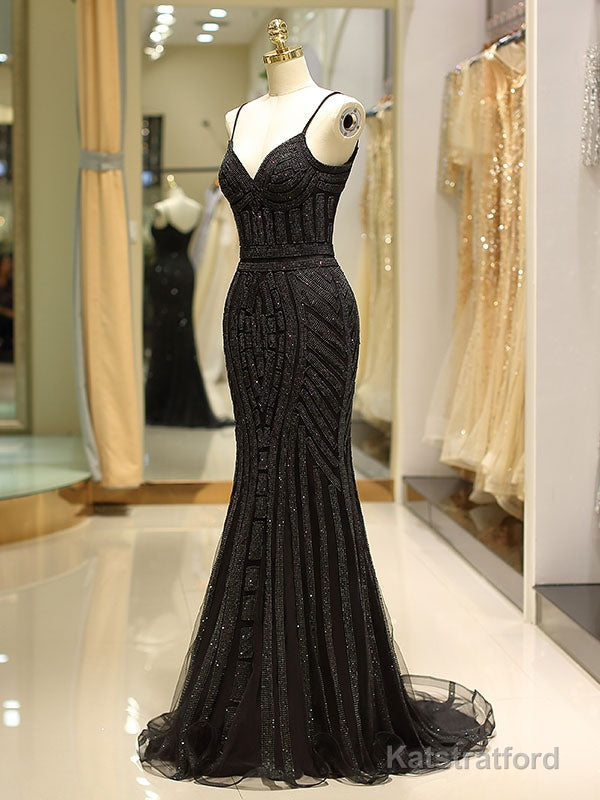 Gorgeous Black Evening Dresses Mermaid Luxury Heavy Beaded Straps Long Formal Evening Dress