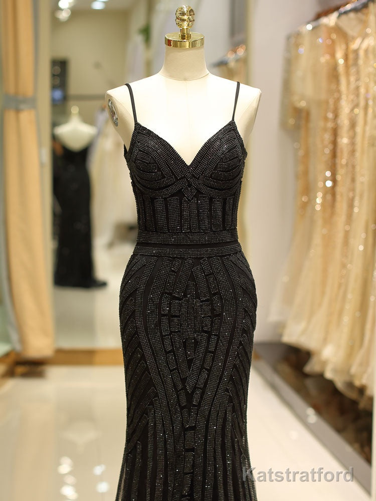 Gorgeous Black Evening Dresses Mermaid Luxury Heavy Beaded Straps Long Formal Evening Dress