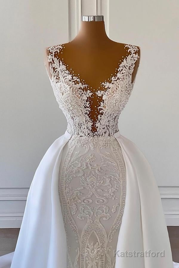 Gorgeous Long Mermaid V-neck Lace Wedding Dresses with Satin Detachable Train