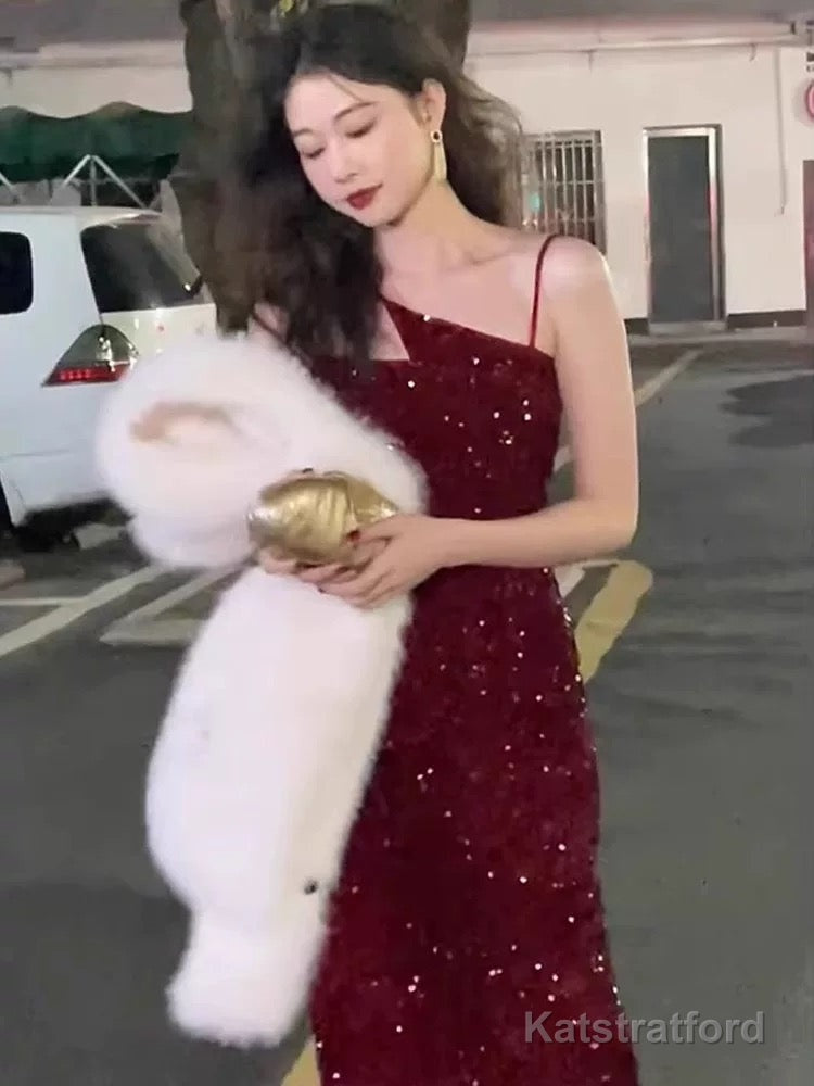 Gorgeous Sheath Spaghetti Straps Wine Red Sequin Evening Dress Prom Dresses Birthday Outfits