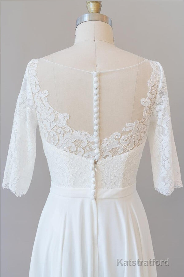 Graceful Long A-line Lace Chiffon Wedding Dress with Sleeves