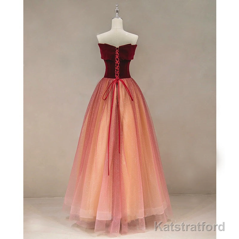 Gradient Red Tulle with Velvet Long Party Dress, Cute Floor Length Formal Dress