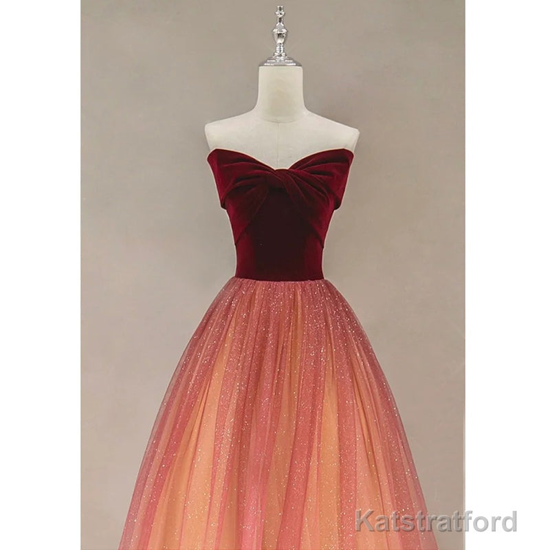 Gradient Red Tulle with Velvet Long Party Dress, Cute Floor Length Formal Dress