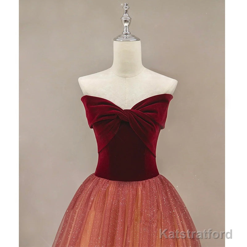 Gradient Red Tulle with Velvet Long Party Dress, Cute Floor Length Formal Dress