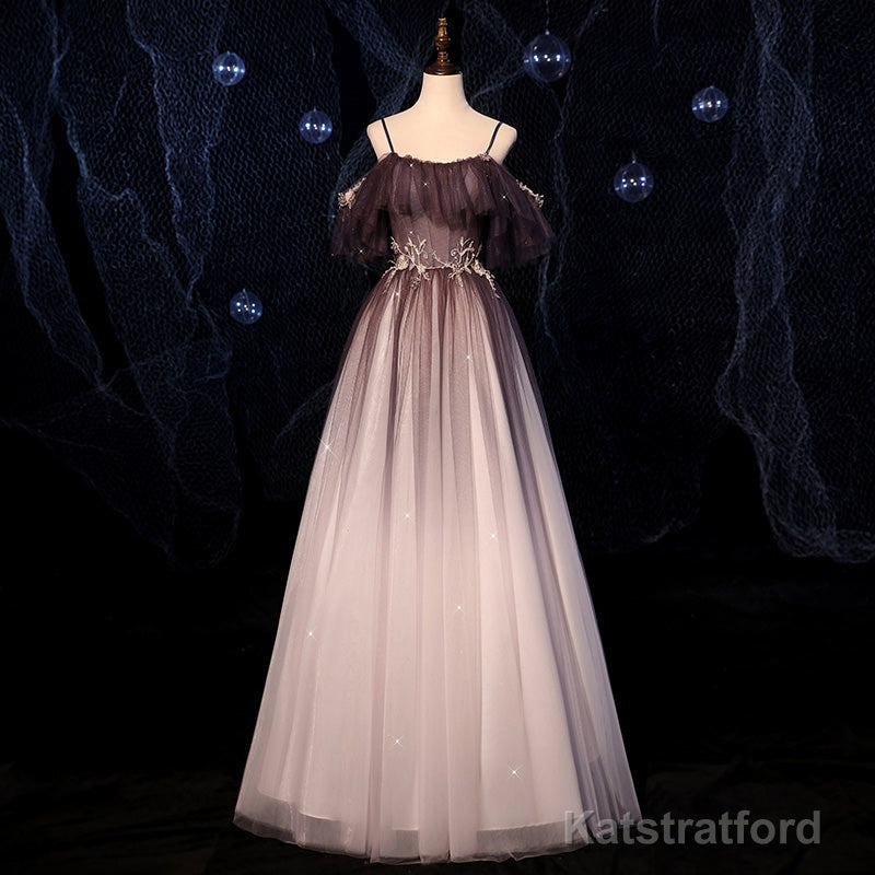 Gradient Sweethaert Beaded Tulle Long Party Dress, Off Shoulder Gown
