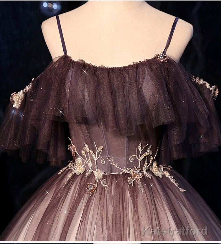 Gradient Sweethaert Beaded Tulle Long Party Dress, Off Shoulder Gown