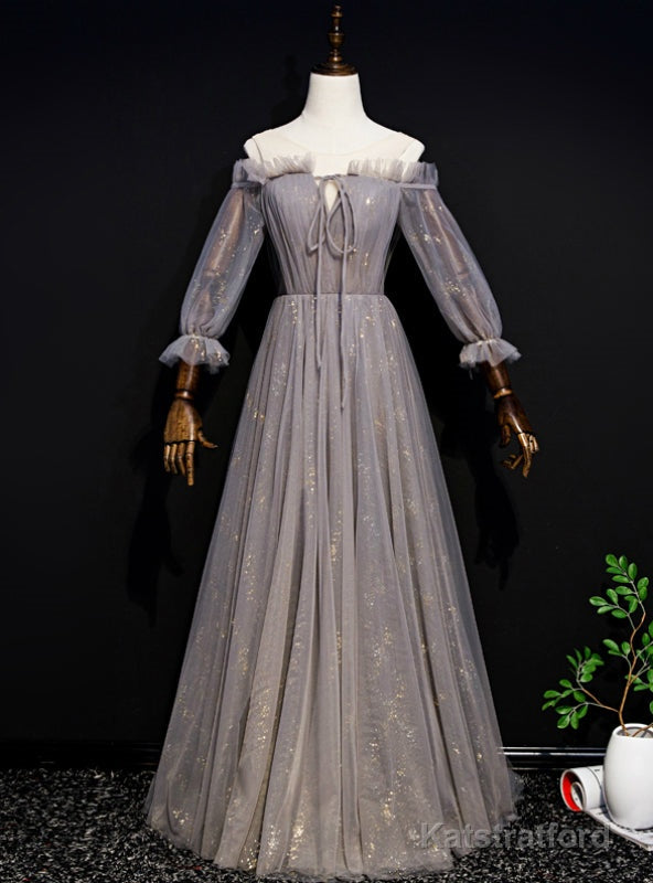 Gray Tulle Long Sleeve Pleats Cold Shoulder Prom Dress