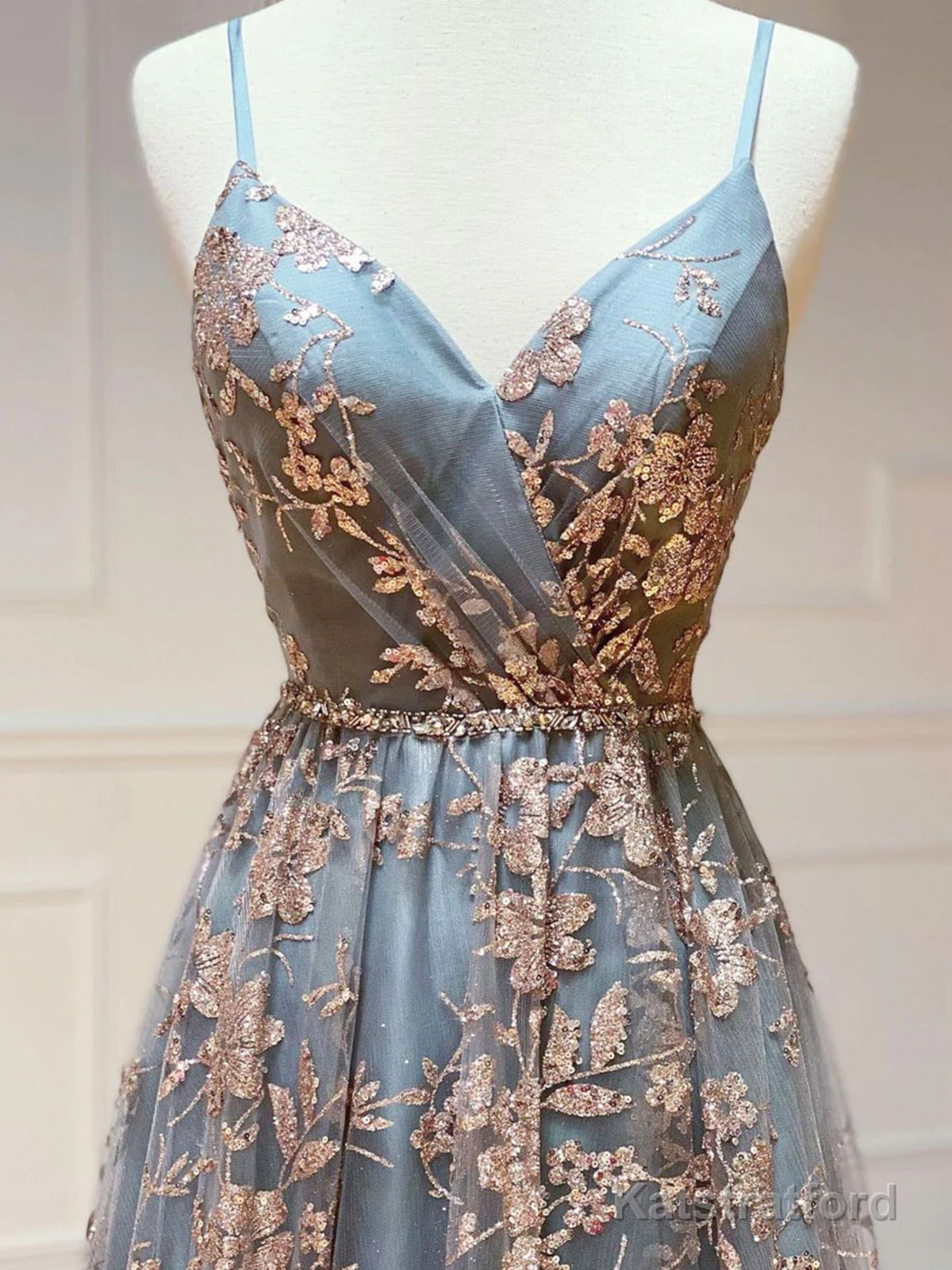 Gray Tulle Sequins Long Prom Dresses, A-Line Spaghetti Straps Formal Dresses