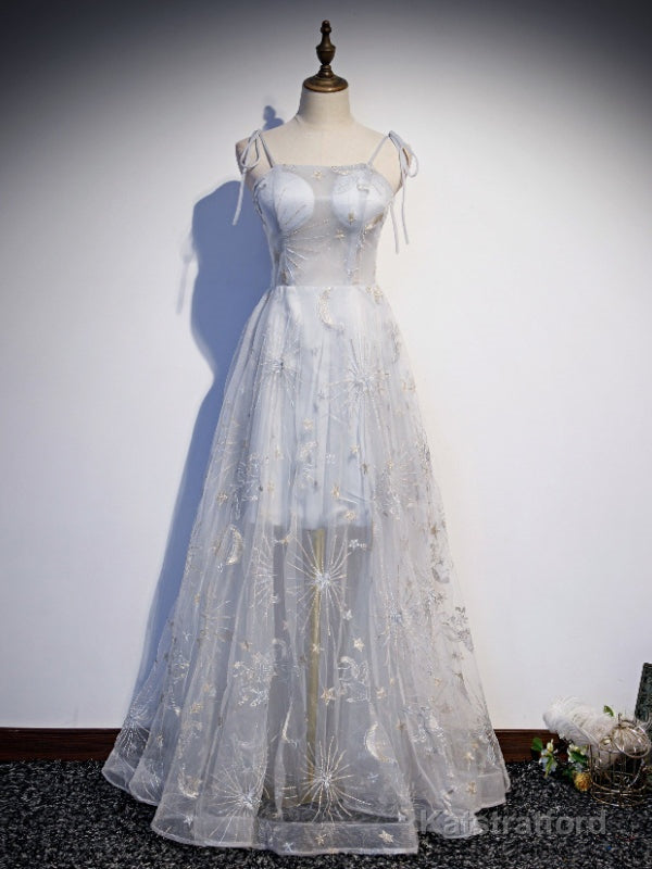 Gray Tulle Spaghetti Straps Embroidery Prom Dress