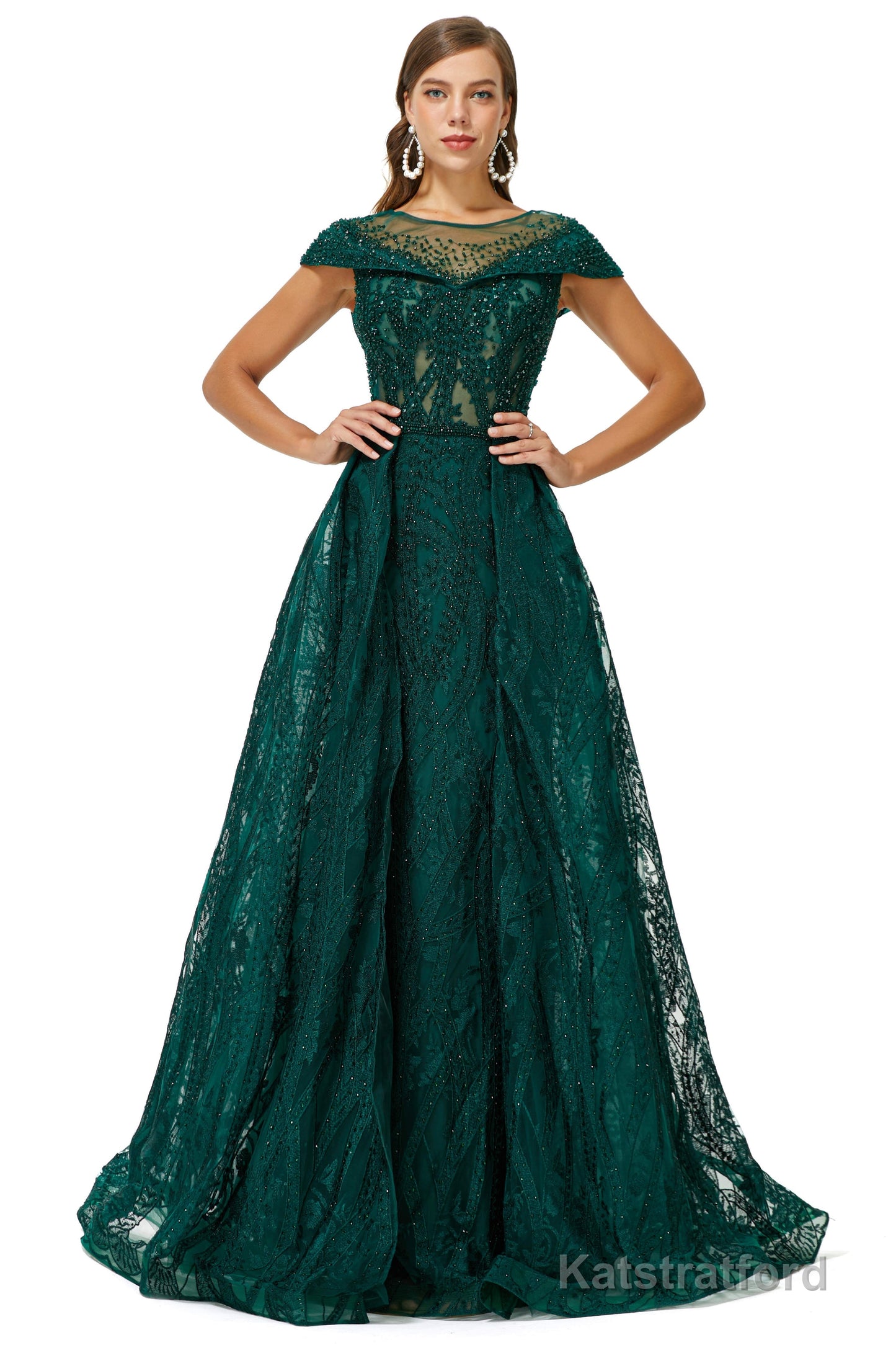 Beaded Cap Sleeves Prom Dresses with Overskirt