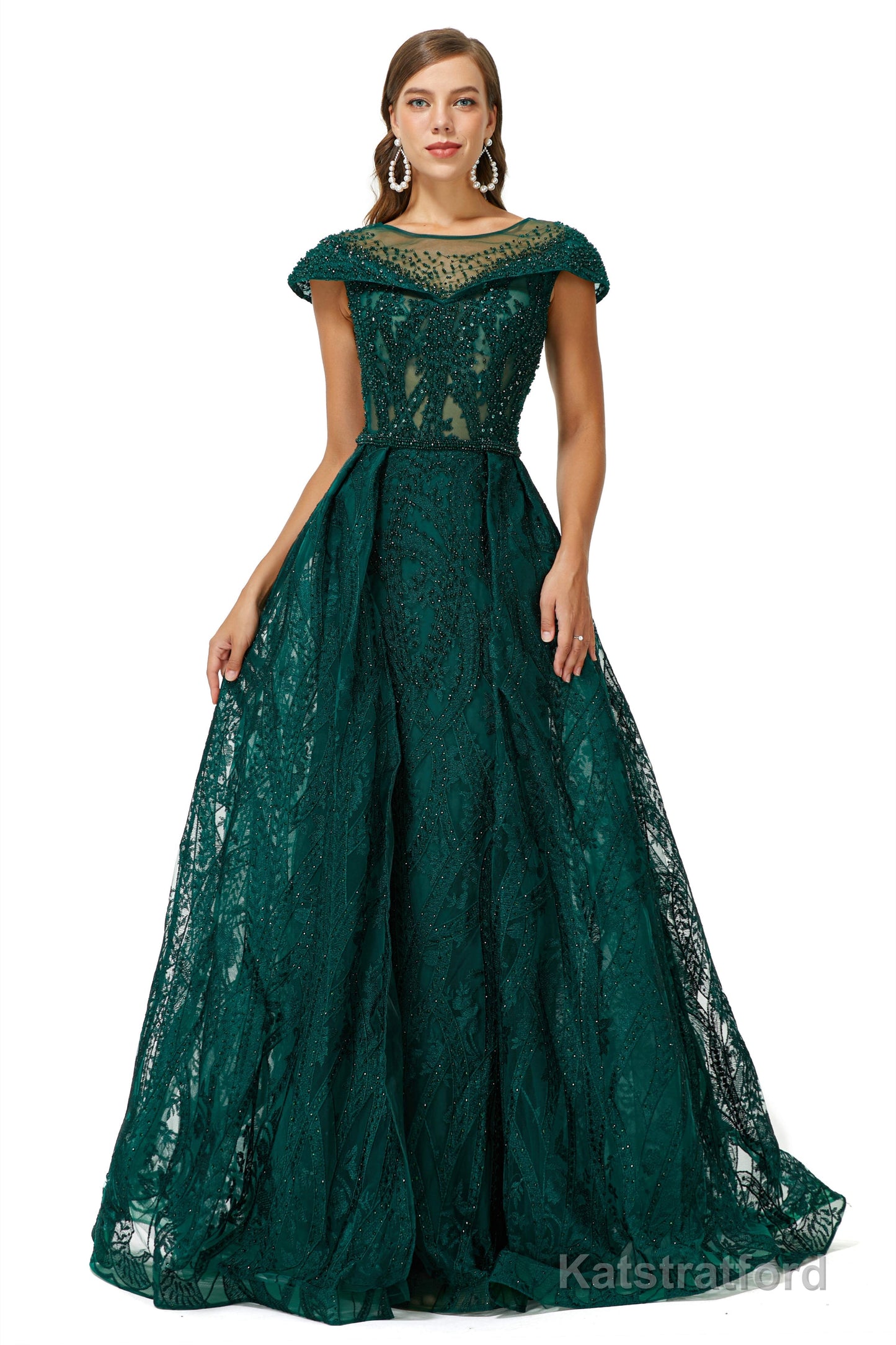 Beaded Cap Sleeves Prom Dresses with Overskirt