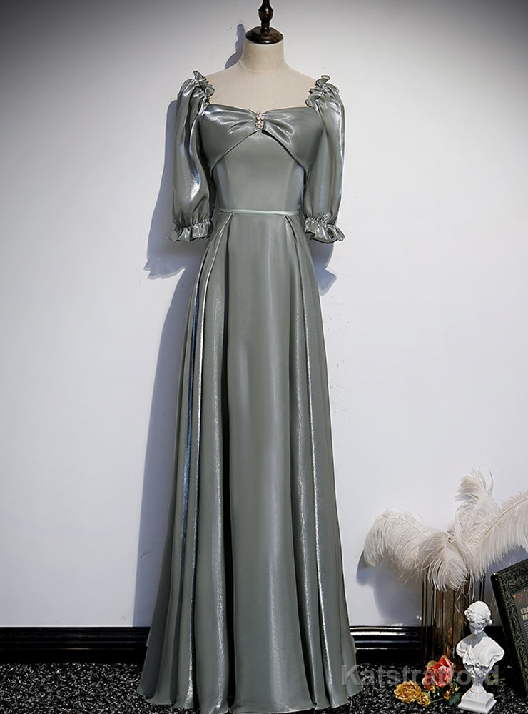 Green Long Sleeve Square Pearls Prom Dress