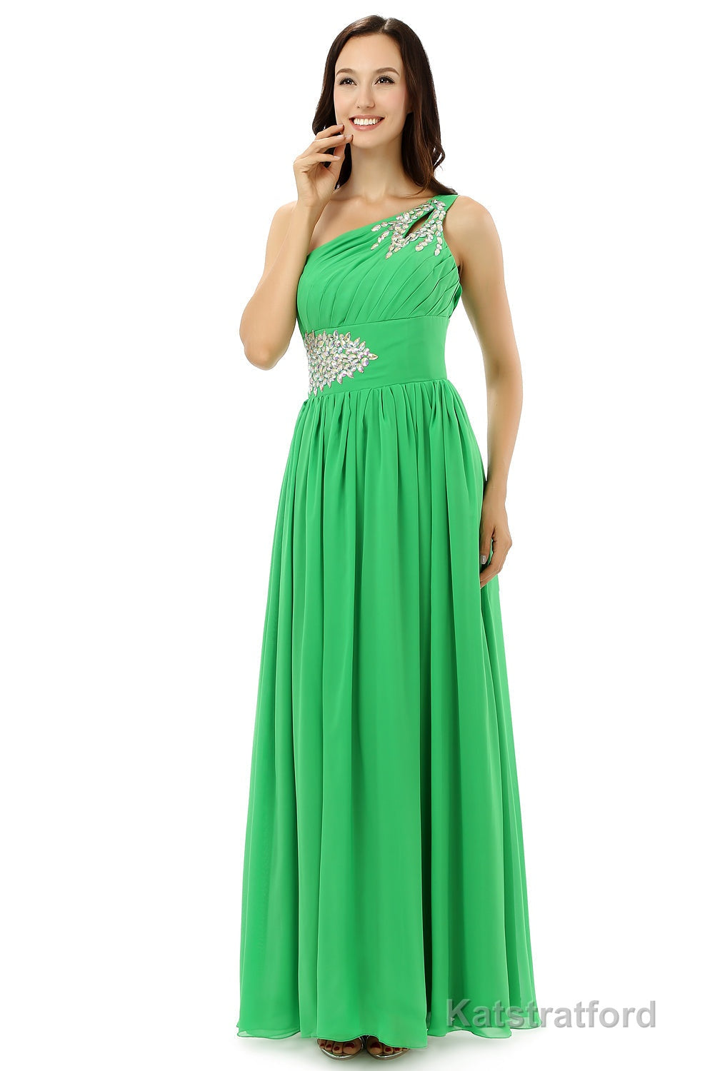 Green One Shoulder Chiffon With Crystal Pleats Bridesmaid Dresses