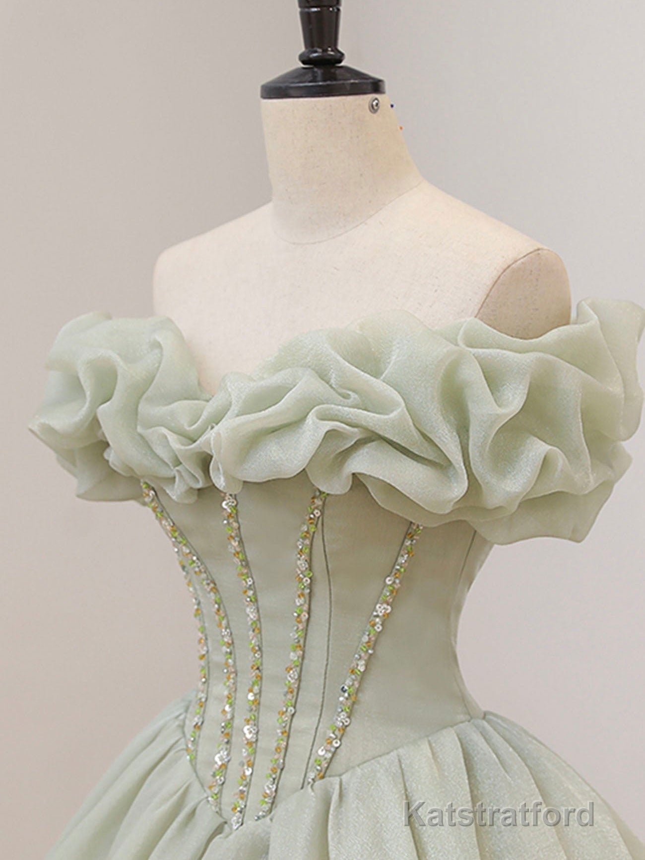 Green Tulle Beading Long Prom Dresses, Green Formal Graduation Dresses